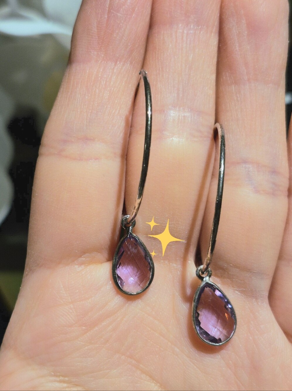 New* 925 Sterling Silver Teardrop Faceted Amethyst Hoops Earrings
